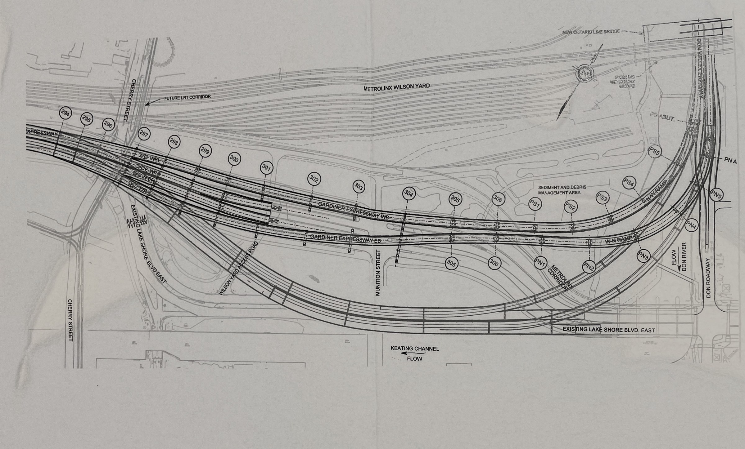 City of Toronto engineering drawing of the realigned Gardiner Expressway and Lake Shore Boulevard East between Cherry Street and the Don Valley Parkway.
